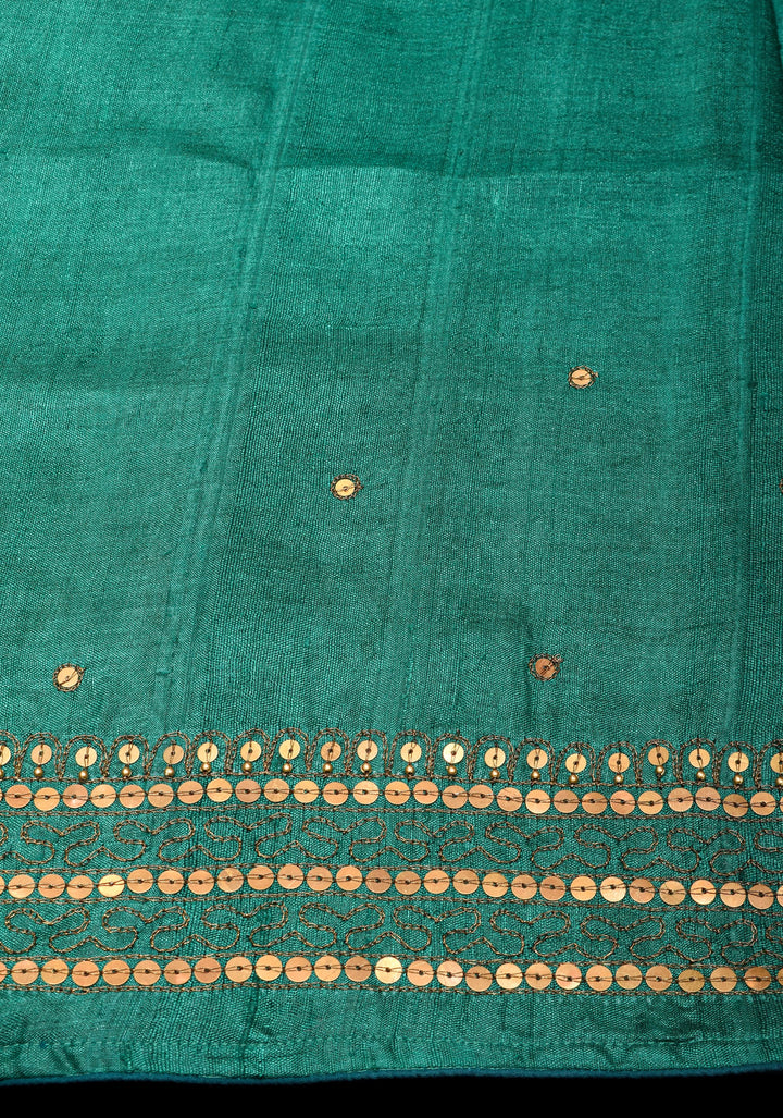 Rama Green Tussar silk saree with Antique Sequins Work and Water Filling Stiches on border | SILK MARK CERTIFIED