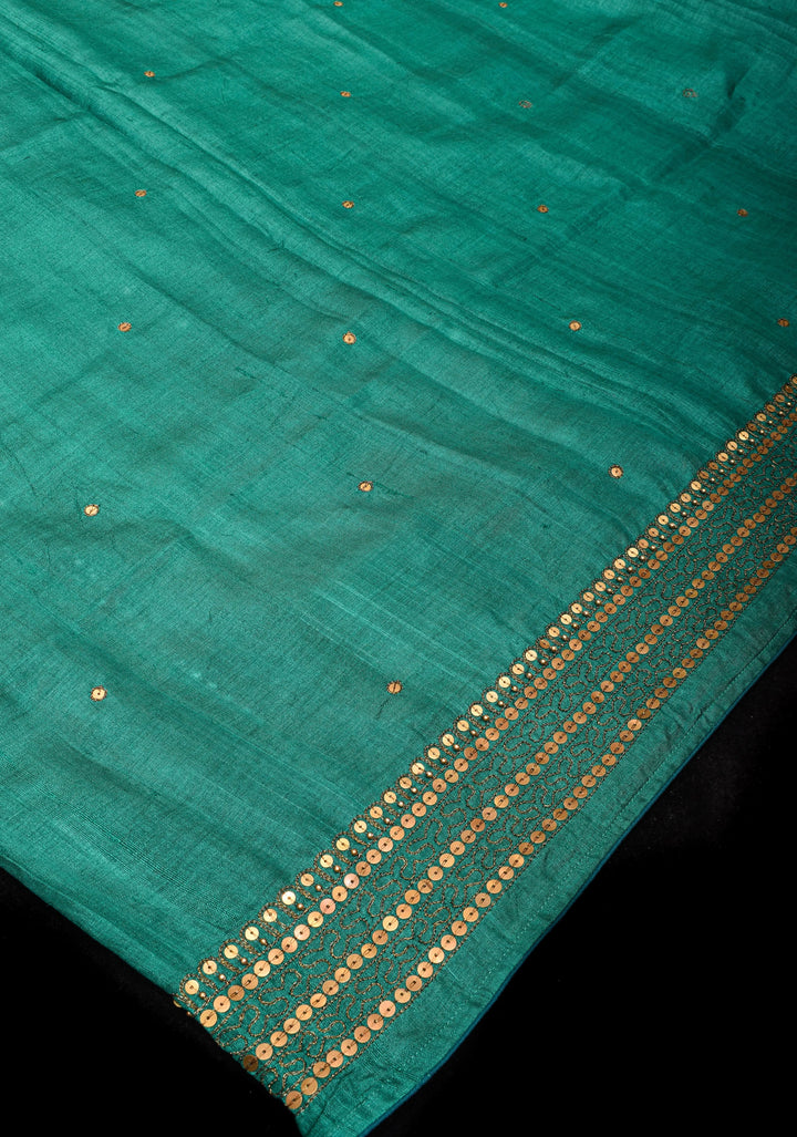 Rama Green Tussar silk saree with Antique Sequins Work and Water Filling Stiches on border | SILK MARK CERTIFIED
