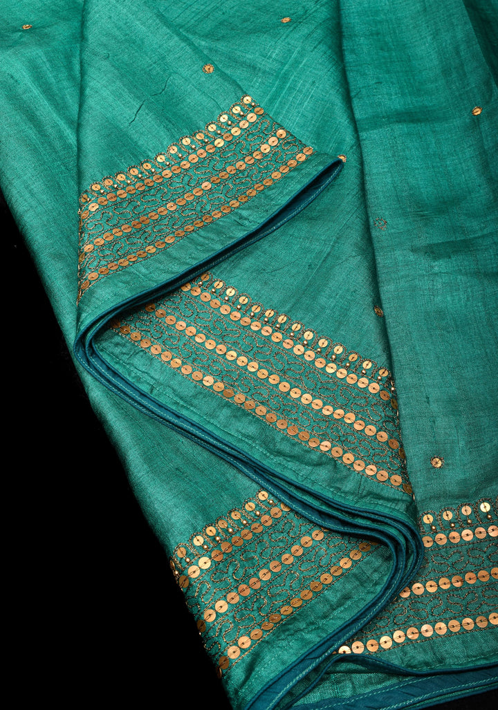 Rama Green Tussar silk saree with Antique Sequins Work and Water Filling Stiches on border | SILK MARK CERTIFIED