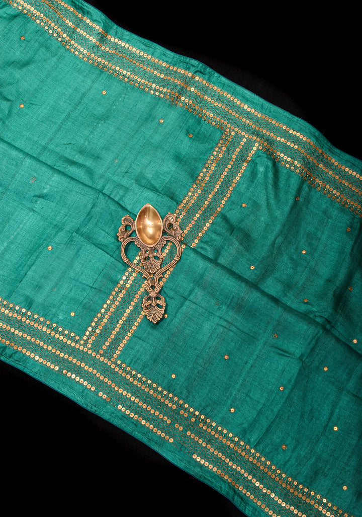 Rama Green Tussar silk saree with Antique Sequins Work and Water Filling Stiches on border | SILK MARK CERTIFIED