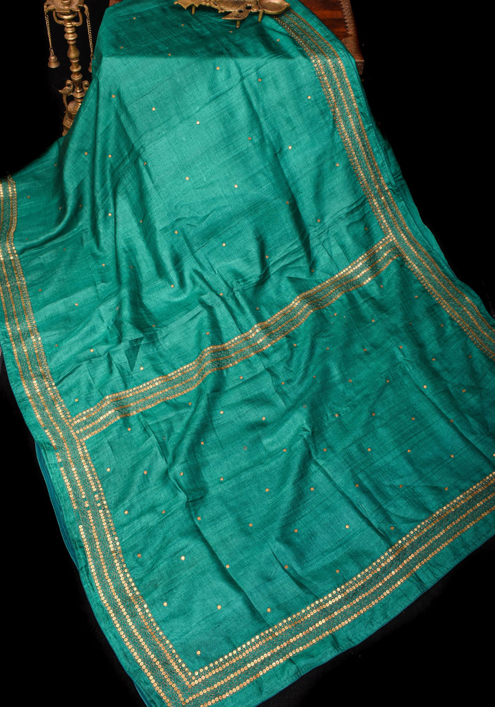 Rama Green Tussar silk saree with Antique Sequins Work and Water Filling Stiches on border | SILK MARK CERTIFIED