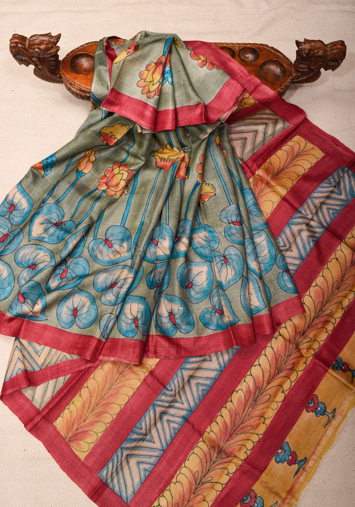 Lightweight Tussar Silk Saree in Gray with Floral Digital Print  | SILK MARK CERTIFIED