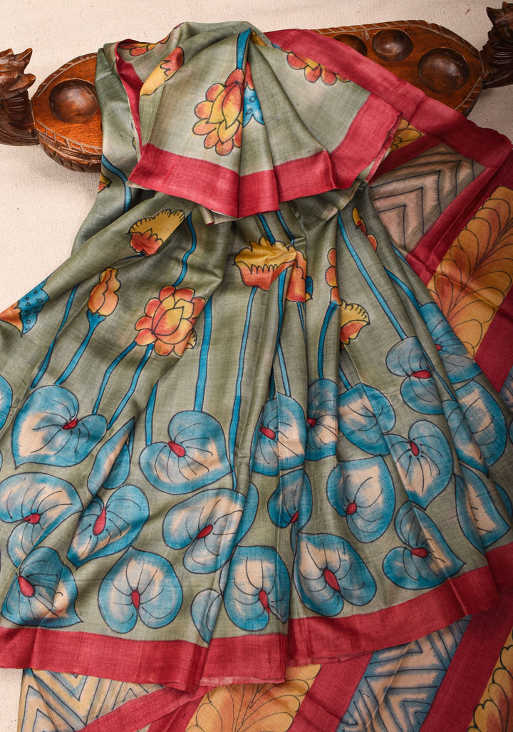 Lightweight Tussar Silk Saree in Gray with Floral Digital Print  | SILK MARK CERTIFIED