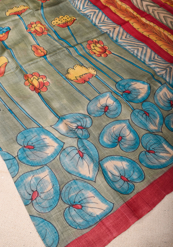 Lightweight Tussar Silk Saree in Gray with Floral Digital Print  | SILK MARK CERTIFIED