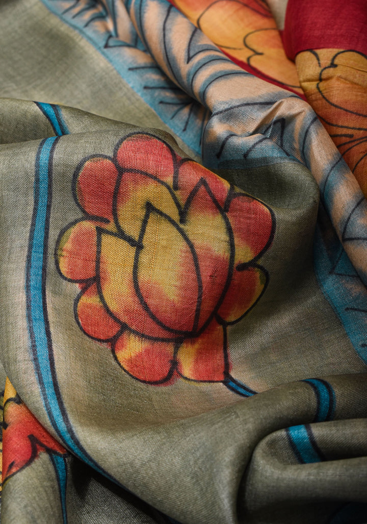 Lightweight Tussar Silk Saree in Gray with Floral Digital Print  | SILK MARK CERTIFIED