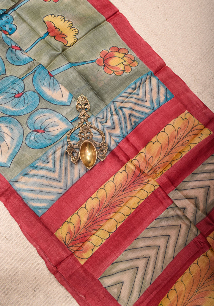 Lightweight Tussar Silk Saree in Gray with Floral Digital Print  | SILK MARK CERTIFIED