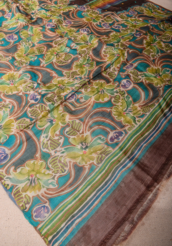 Brown Lightweight Tussar Silk Saree with Hand Batik Design and Mirror work | SILK MARK CERTIFIE