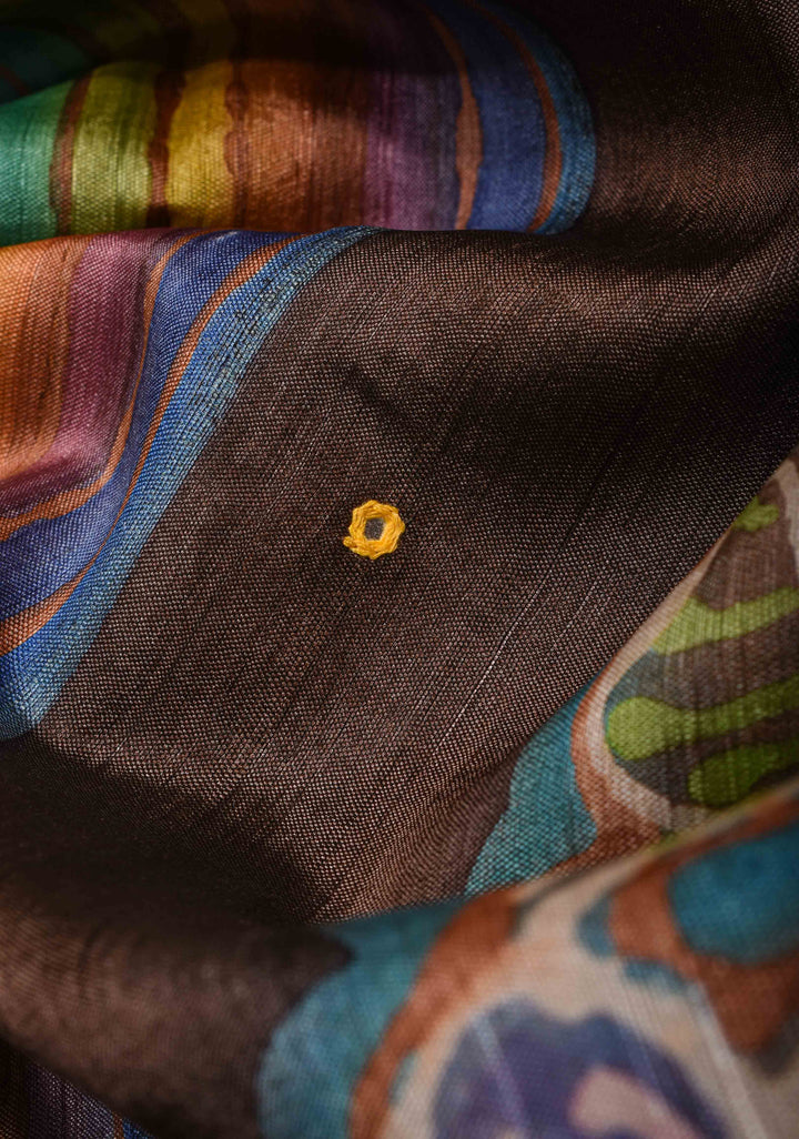 Brown Lightweight Tussar Silk Saree with Hand Batik Design and Mirror work | SILK MARK CERTIFIE