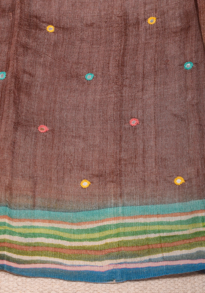 Brown Lightweight Tussar Silk Saree with Hand Batik Design and Mirror work | SILK MARK CERTIFIE