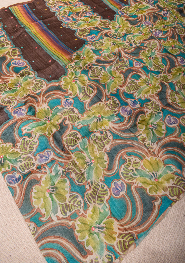Brown Lightweight Tussar Silk Saree with Hand Batik Design and Mirror work | SILK MARK CERTIFIE