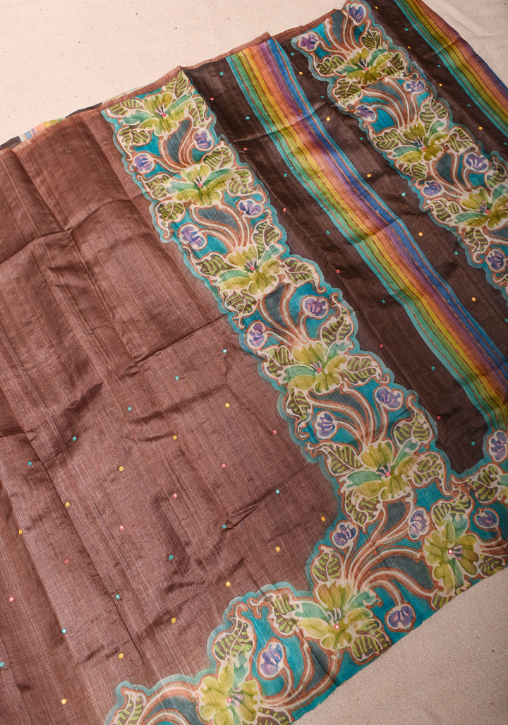 Brown Lightweight Tussar Silk Saree with Hand Batik Design and Mirror work | SILK MARK CERTIFIE