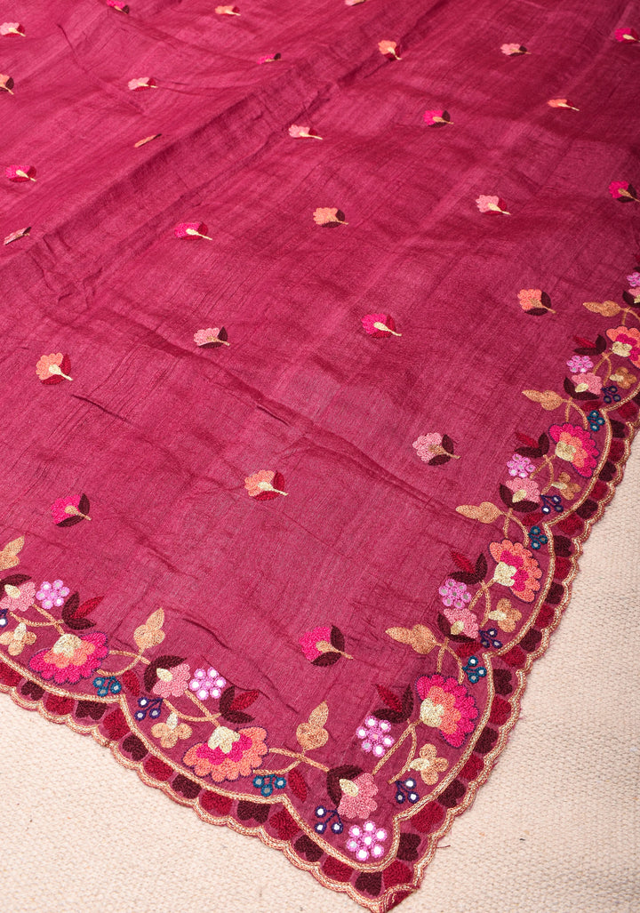 Magenta Tussar Silk Saree with Scallop Border, Mirror and Pitta Work  | SILK MARK CERTIFIED