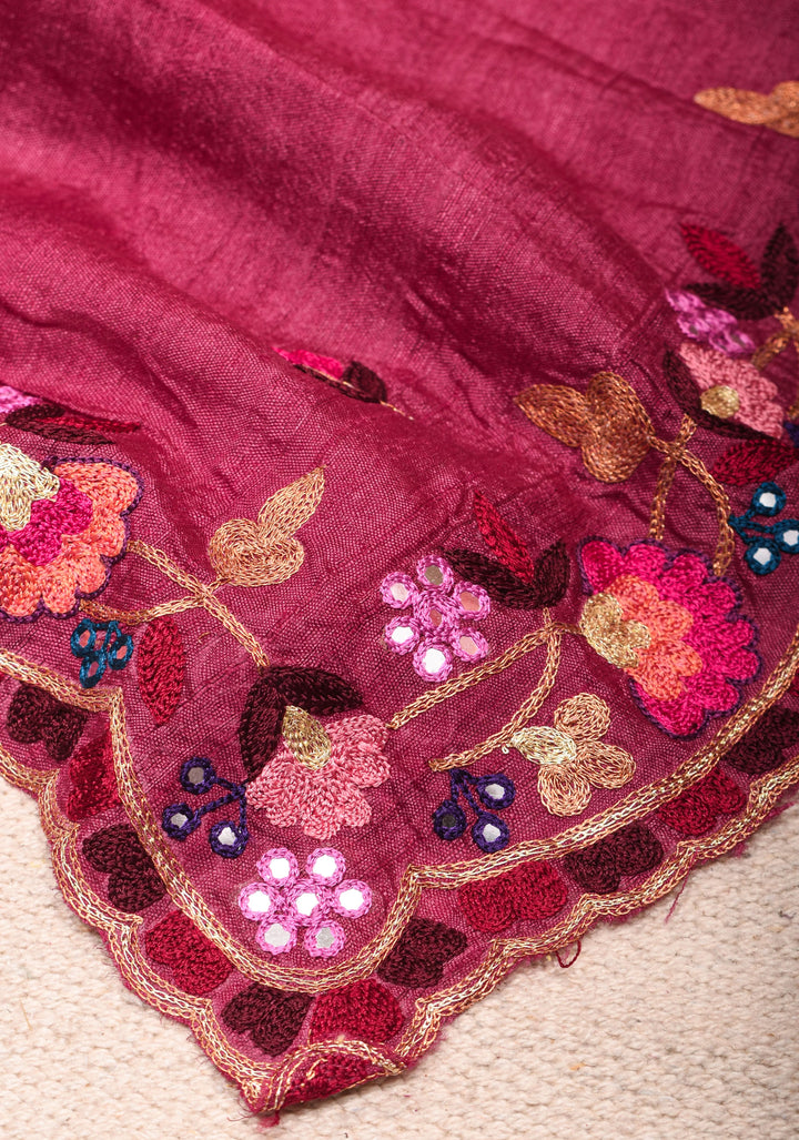 Magenta Tussar Silk Saree with Scallop Border, Mirror and Pitta Work  | SILK MARK CERTIFIED