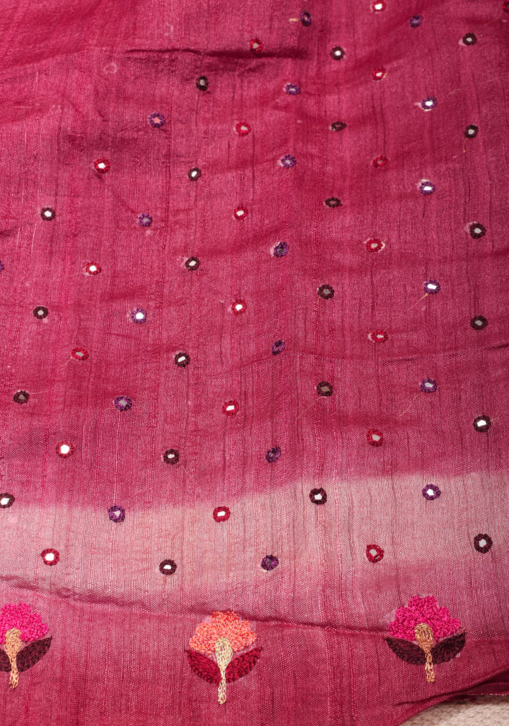 Magenta Tussar Silk Saree with Scallop Border, Mirror and Pitta Work  | SILK MARK CERTIFIED