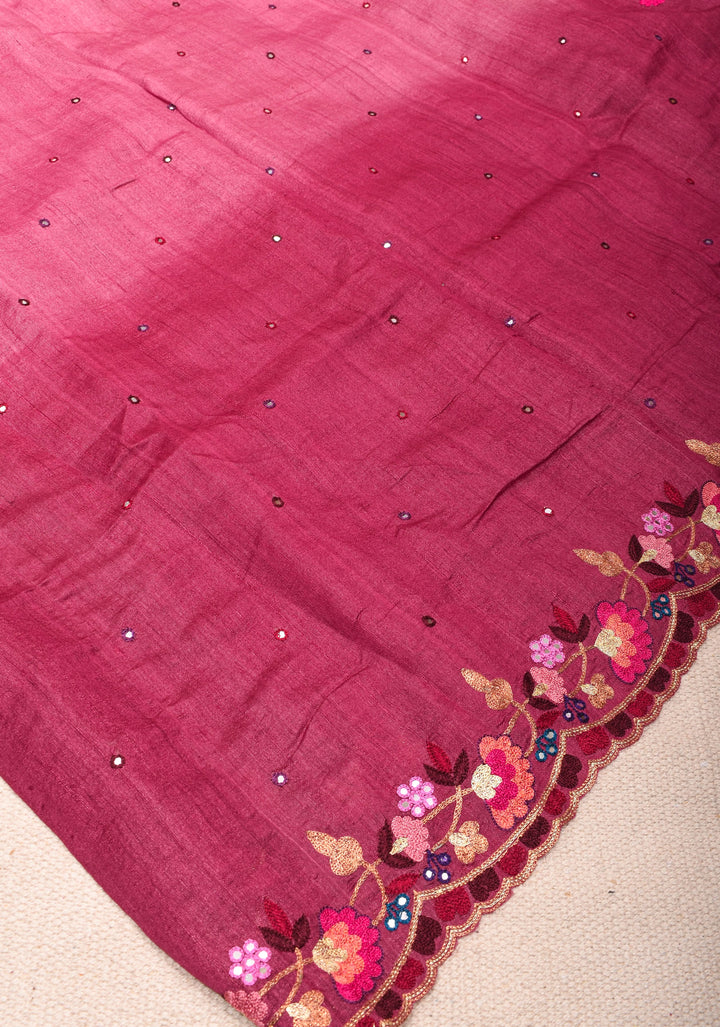 Magenta Tussar Silk Saree with Scallop Border, Mirror and Pitta Work  | SILK MARK CERTIFIED