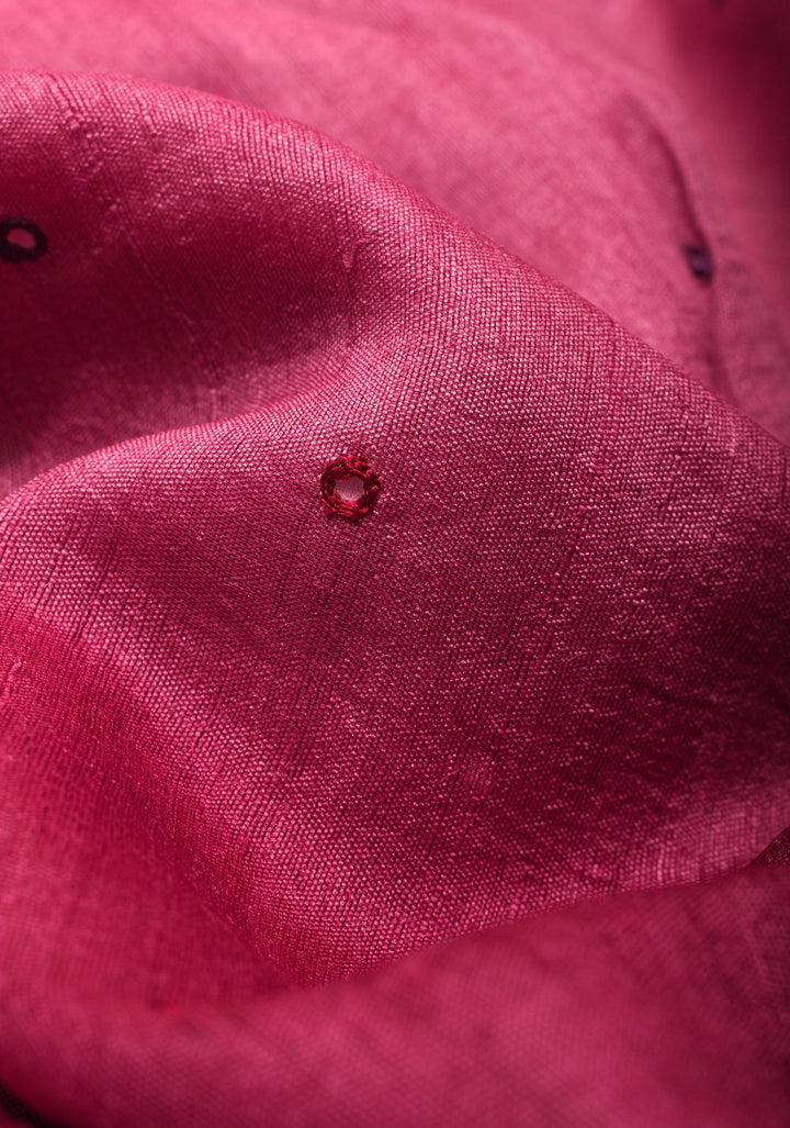 Magenta Tussar Silk Saree with Scallop Border, Mirror and Pitta Work  | SILK MARK CERTIFIED