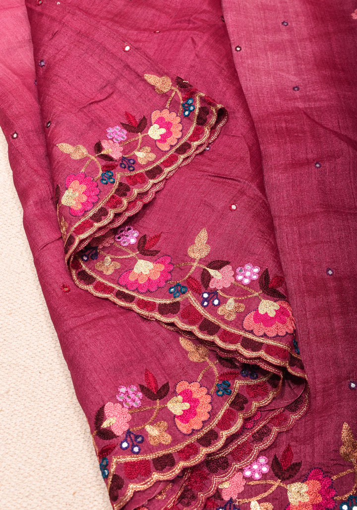 Magenta Tussar Silk Saree with Scallop Border, Mirror and Pitta Work  | SILK MARK CERTIFIED