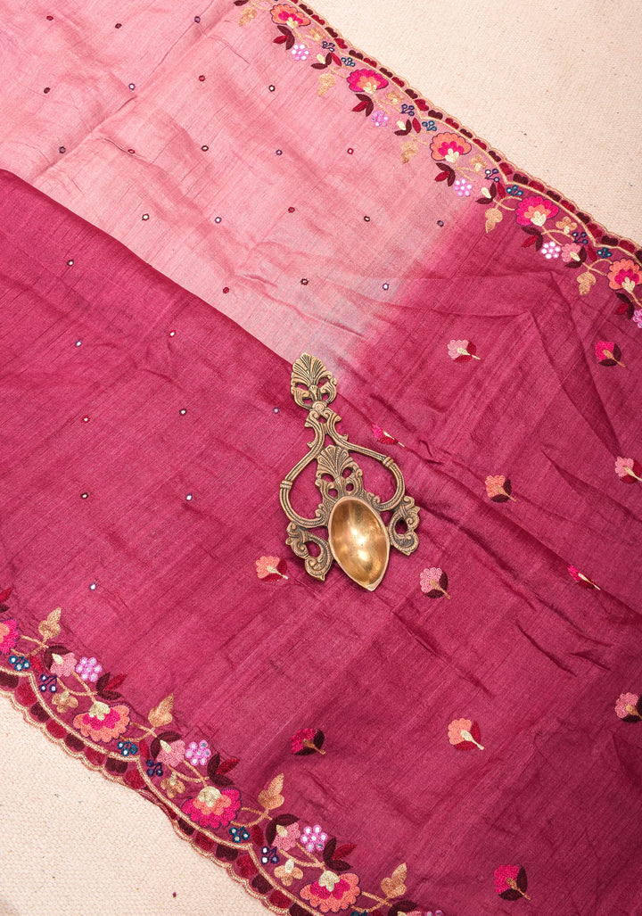 Magenta Tussar Silk Saree with Scallop Border, Mirror and Pitta Work  | SILK MARK CERTIFIED