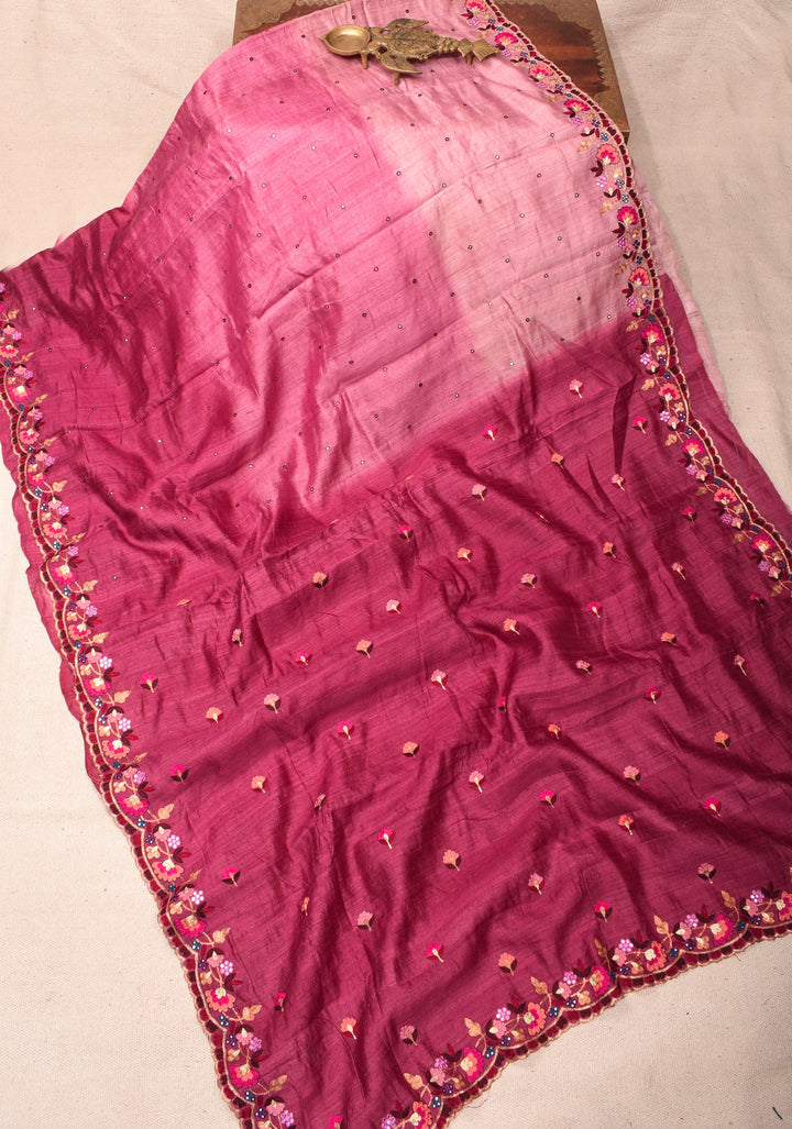 Magenta Tussar Silk Saree with Scallop Border, Mirror and Pitta Work  | SILK MARK CERTIFIED