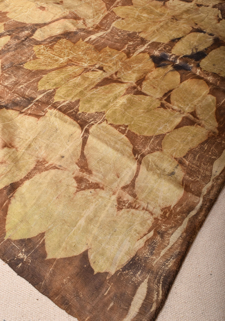 Real Leaf Eco Print On Pure Silk Saree in Brown and Green | SILK MARK CERTIFIED