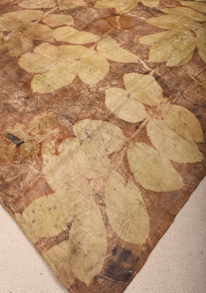 Real Leaf Eco Print On Pure Silk Saree in Brown and Green | SILK MARK CERTIFIED