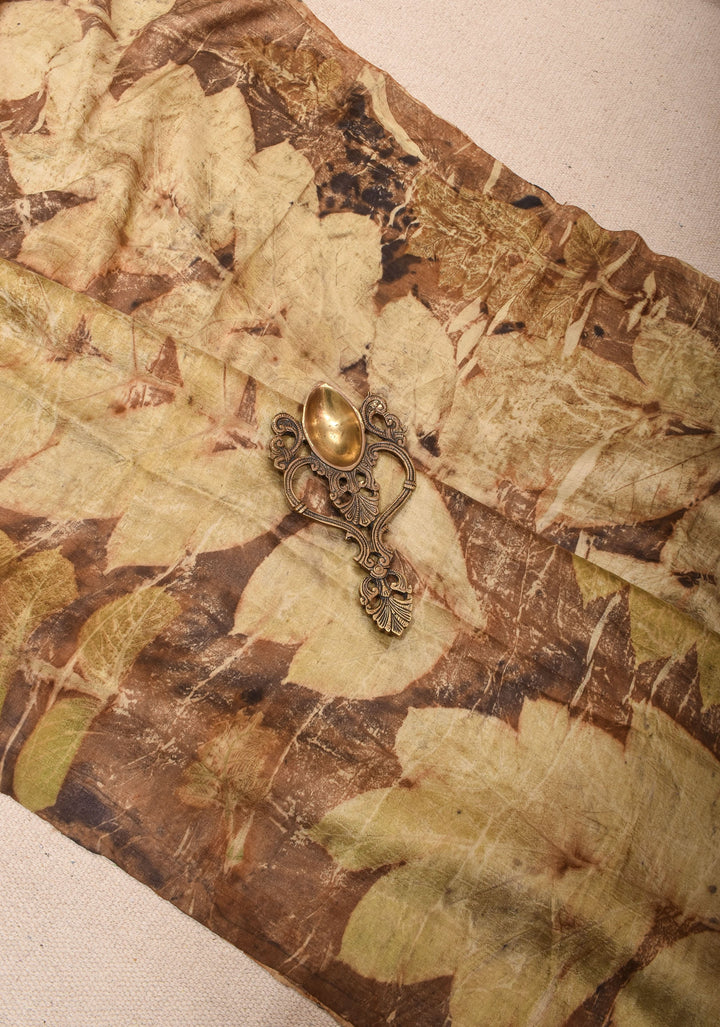 Real Leaf Eco Print On Pure Silk Saree in Brown and Green | SILK MARK CERTIFIED