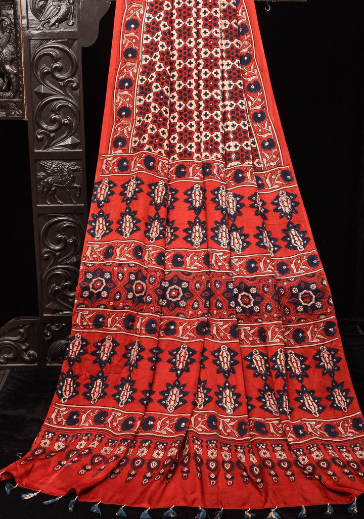 Red Ajrakh Block Print Modal Saree with Floral Pattern and mirror Hand embroidery work