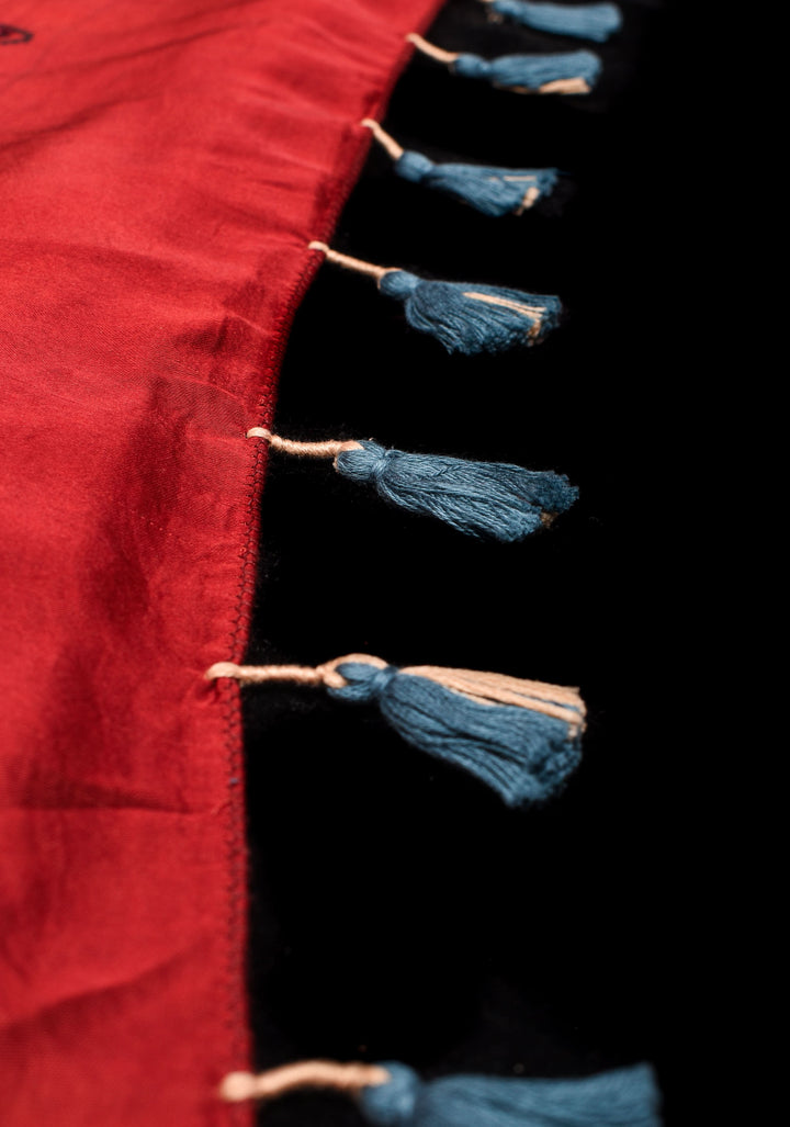 Red Ajrakh Block Print Modal Saree with Floral Pattern and mirror Hand embroidery work