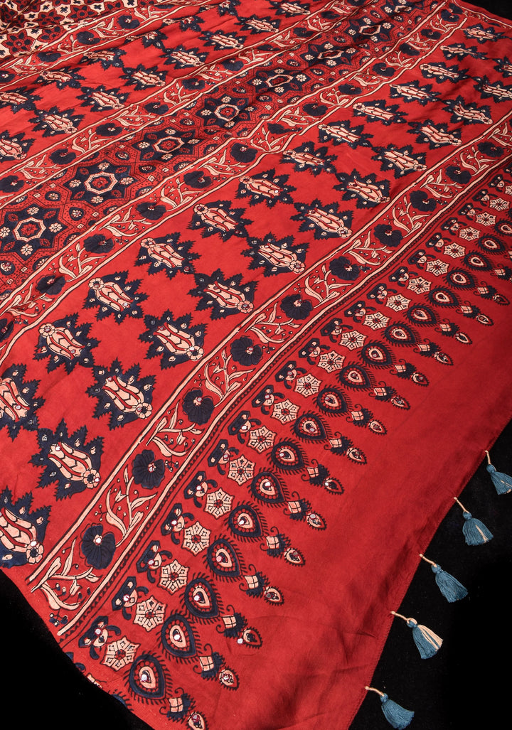 Red Ajrakh Block Print Modal Saree with Floral Pattern and mirror Hand embroidery work
