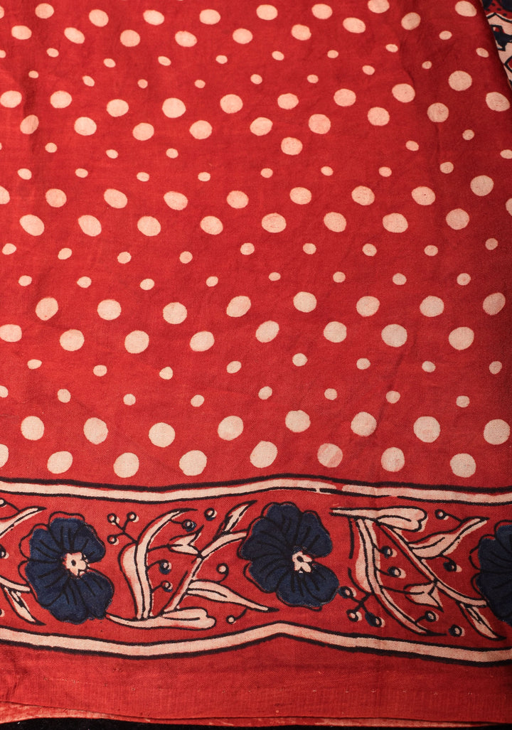 Red Ajrakh Block Print Modal Saree with Floral Pattern and mirror Hand embroidery work