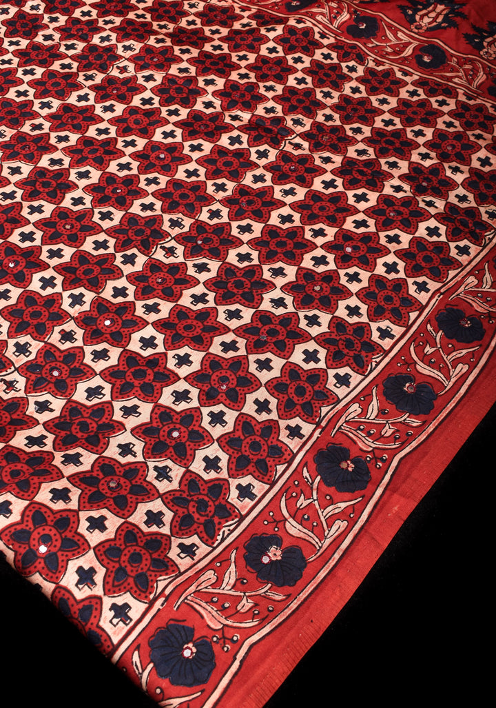 Red Ajrakh Block Print Modal Saree with Floral Pattern and mirror Hand embroidery work