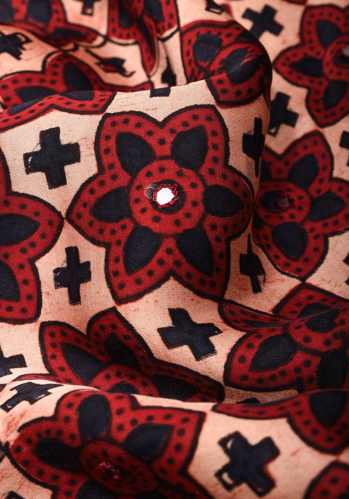 Red Ajrakh Block Print Modal Saree with Floral Pattern and mirror Hand embroidery work