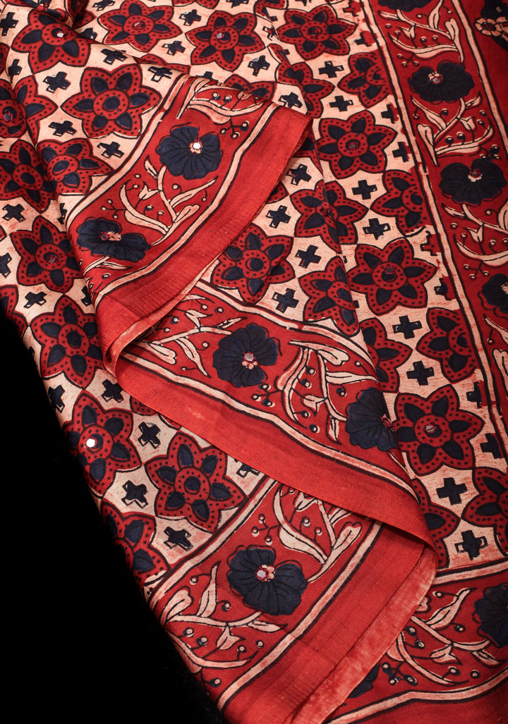 Red Ajrakh Block Print Modal Saree with Floral Pattern and mirror Hand embroidery work