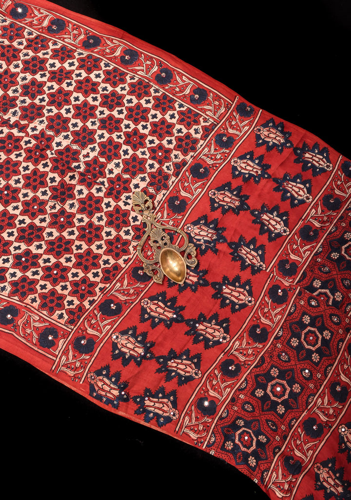 Red Ajrakh Block Print Modal Saree with Floral Pattern and mirror Hand embroidery work