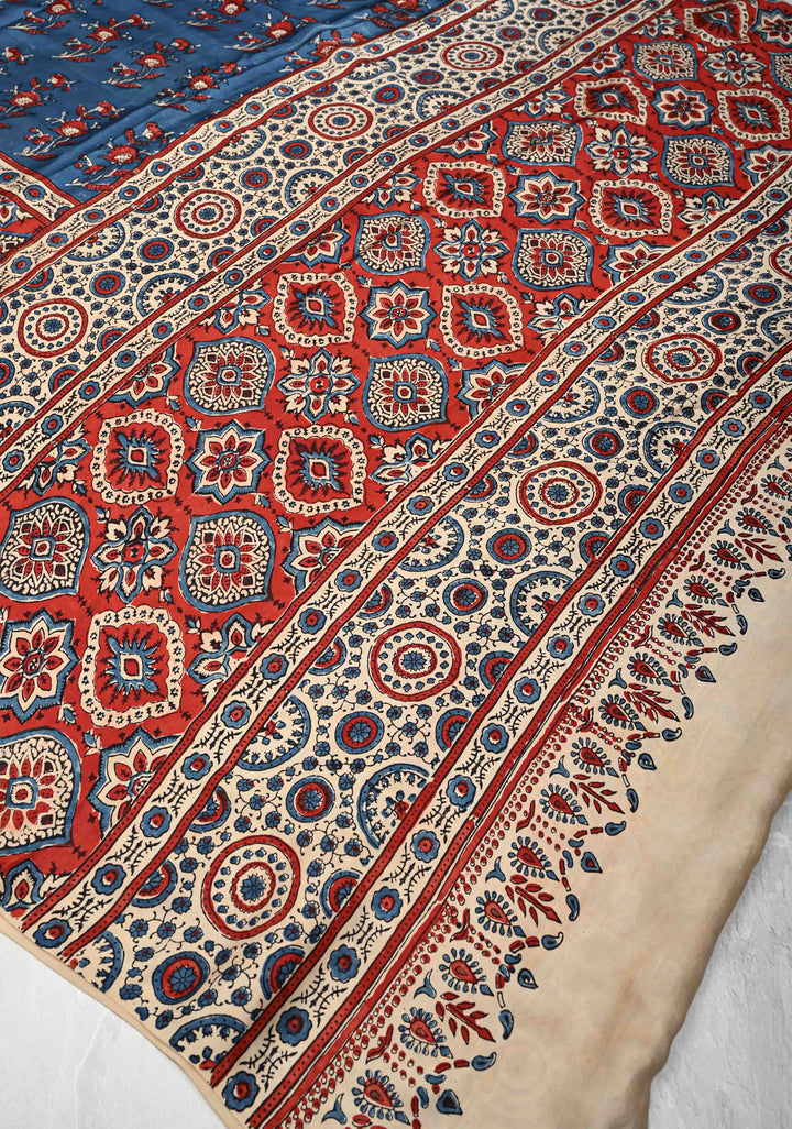 Blue Modal Silk Saree with Ajrakh Hand Block Print