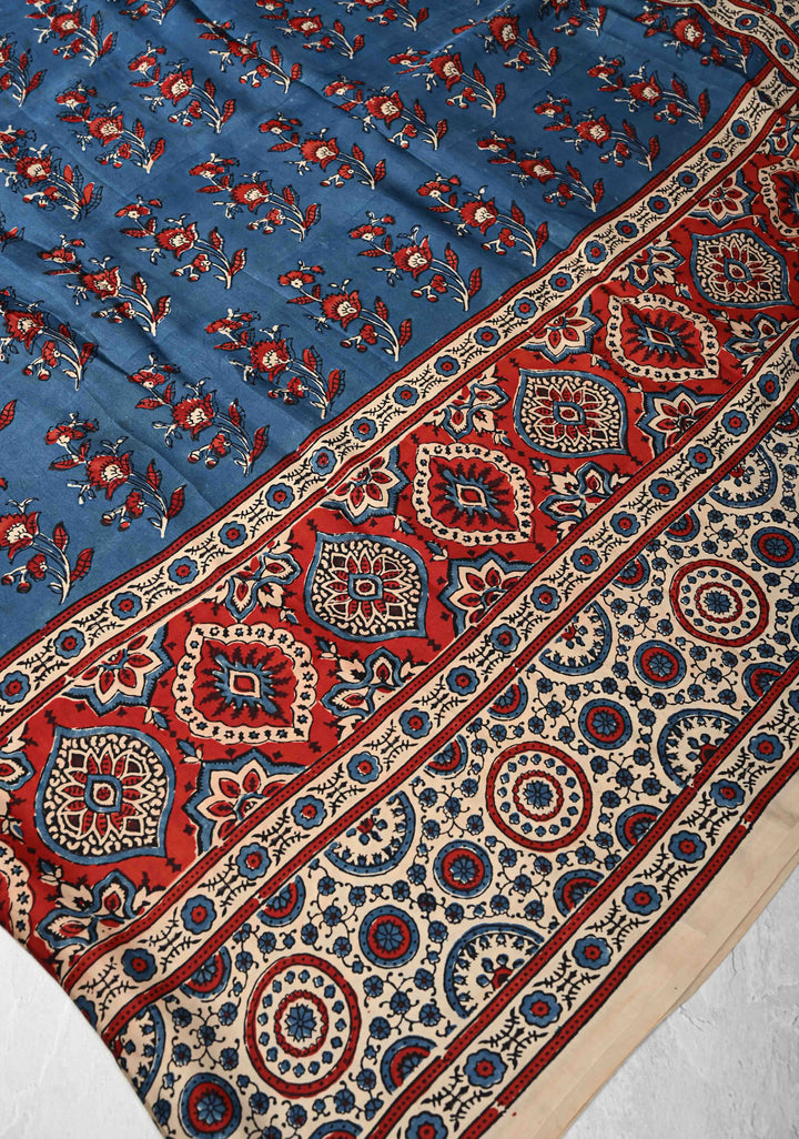 Blue Modal Silk Saree with Ajrakh Hand Block Print