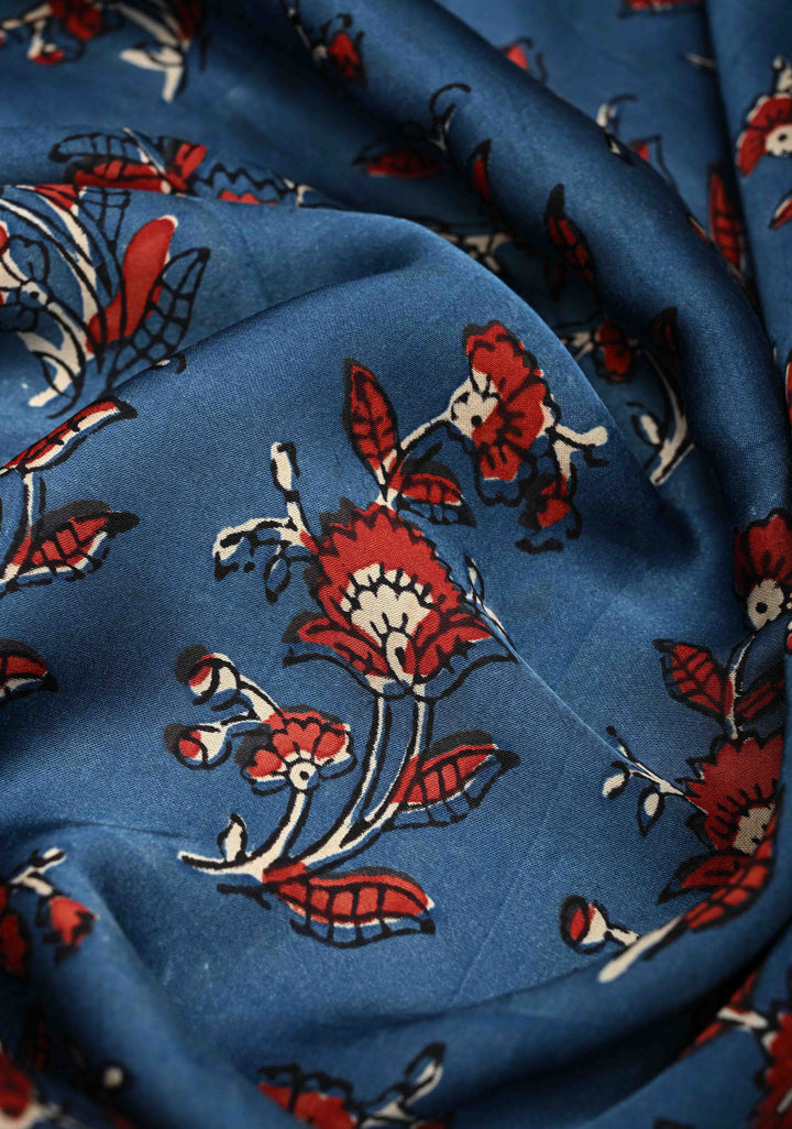 Blue Modal Silk Saree with Ajrakh Hand Block Print