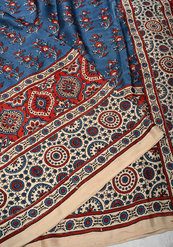Blue Modal Silk Saree with Ajrakh Hand Block Print