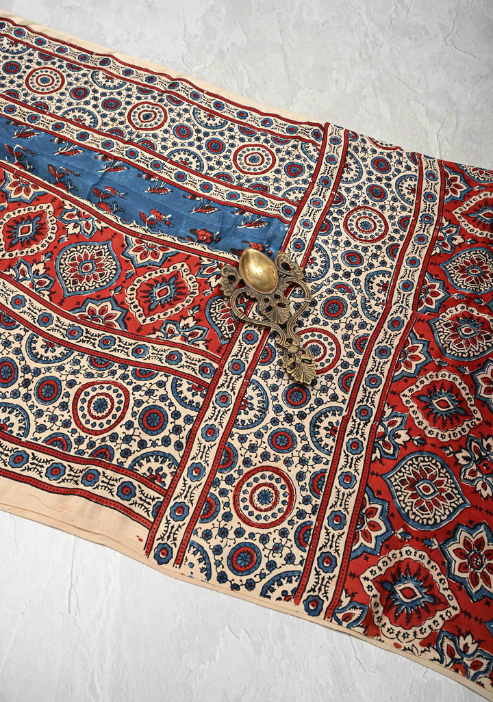 Blue Modal Silk Saree with Ajrakh Hand Block Print