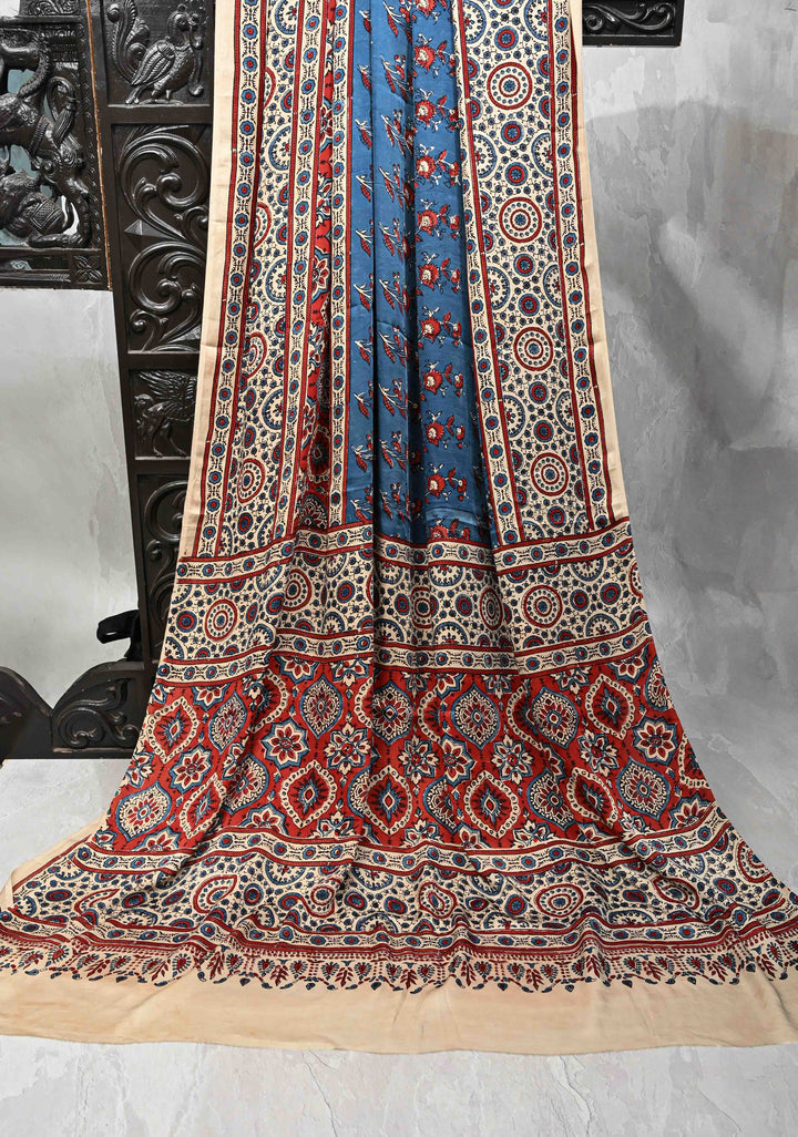 Blue Modal Silk Saree with Ajrakh Hand Block Print