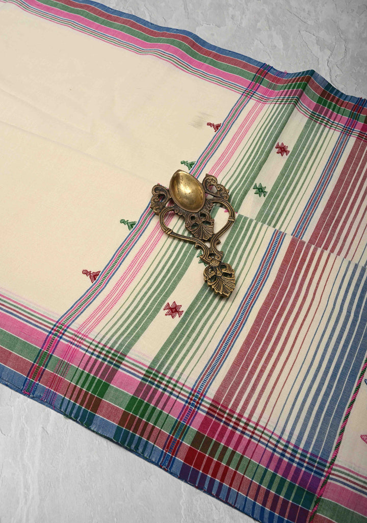 Off-White Bhujodi Kala Cotton Saree with Multicolor Stripes Border and Honeycomb Tassels