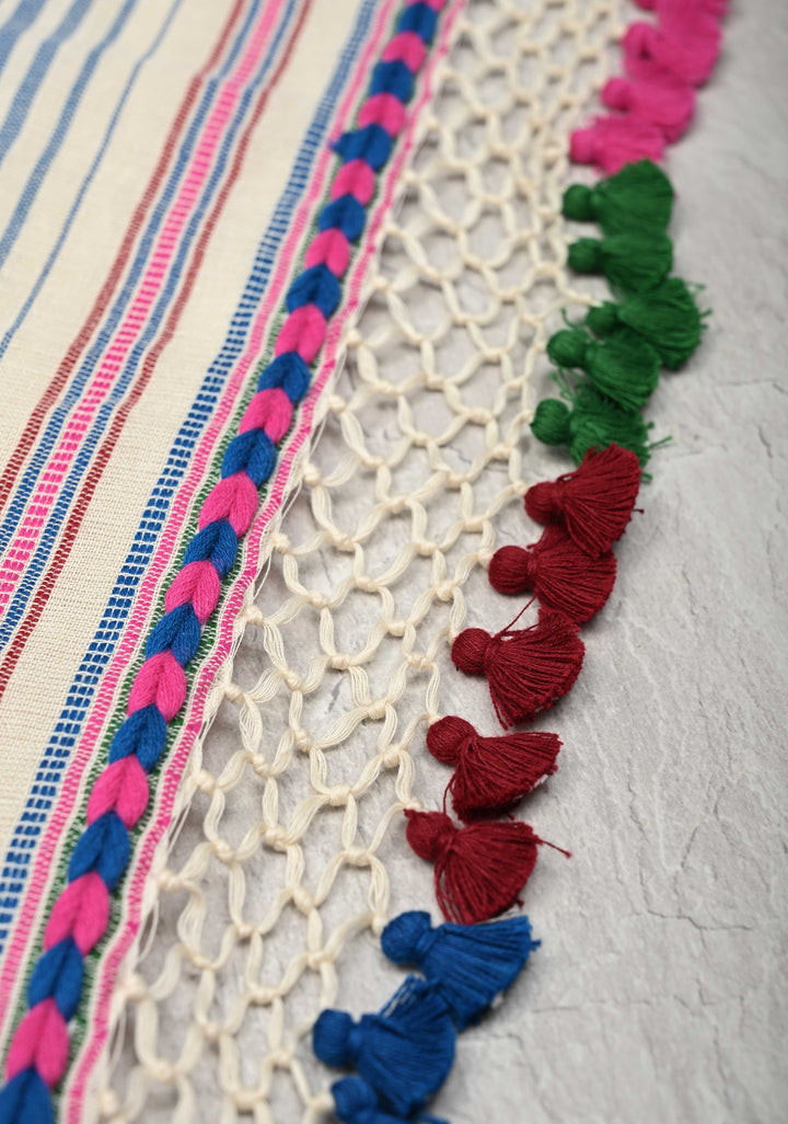 Off-White Bhujodi Kala Cotton Saree with Multicolor Stripes Border and Honeycomb Tassels