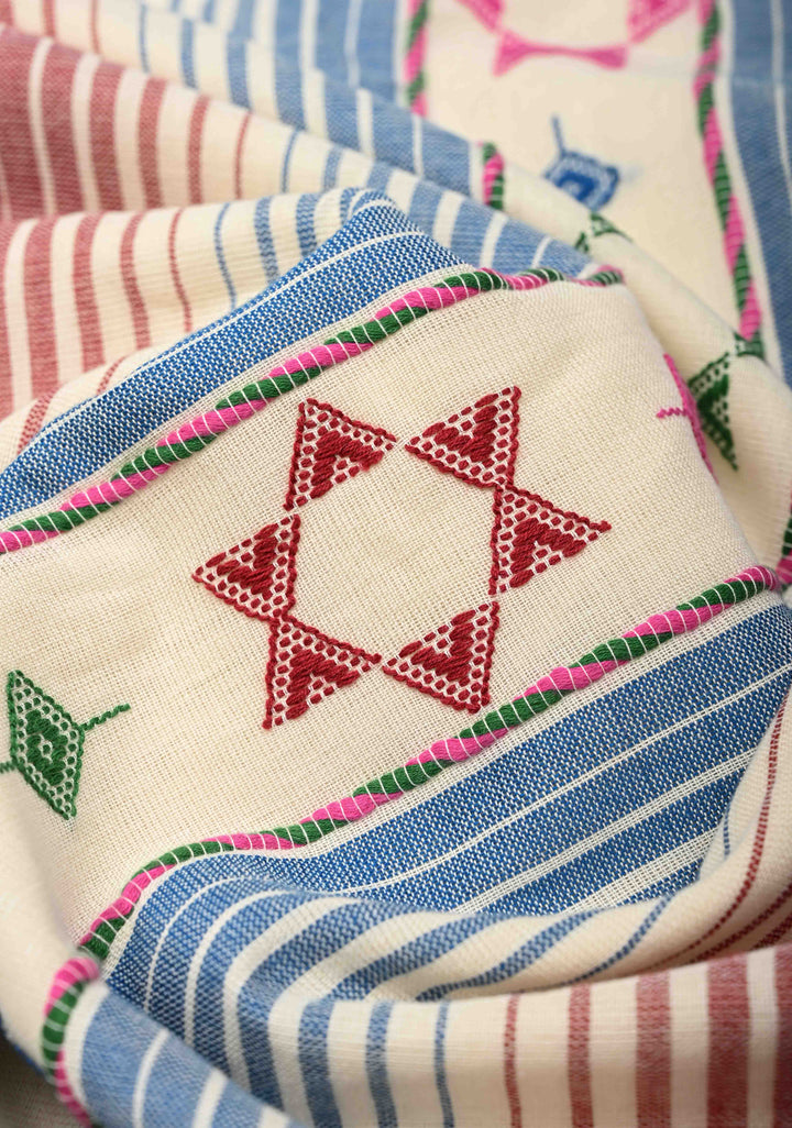 Off-White Bhujodi Kala Cotton Saree with Multicolor Stripes Border and Honeycomb Tassels