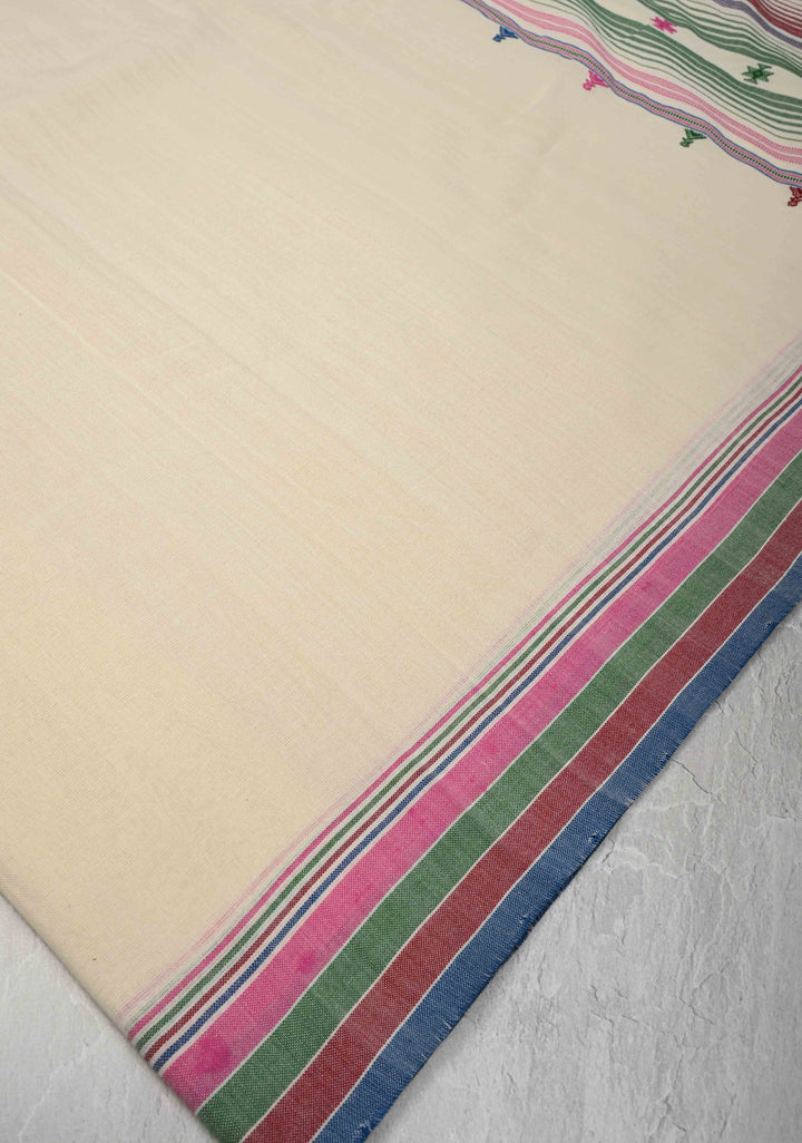 Off-White Bhujodi Kala Cotton Saree with Multicolor Stripes Border and Honeycomb Tassels