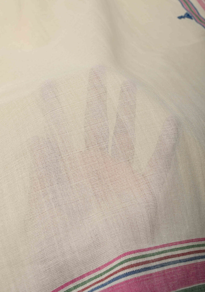 Off-White Bhujodi Kala Cotton Saree with Multicolor Stripes Border and Honeycomb Tassels