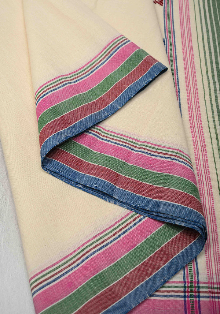 Off-White Bhujodi Kala Cotton Saree with Multicolor Stripes Border and Honeycomb Tassels