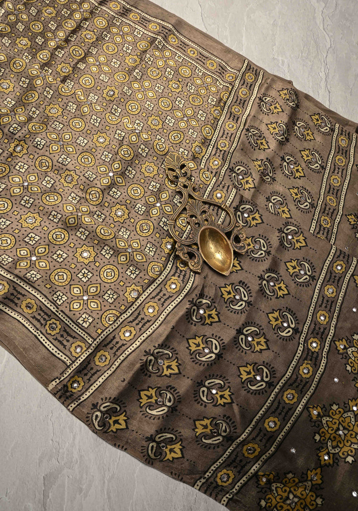 Authentic Ajrakh Hand Block Print in Gray Taupe Modal Silk Saree with Mirror Tikk Hand Work