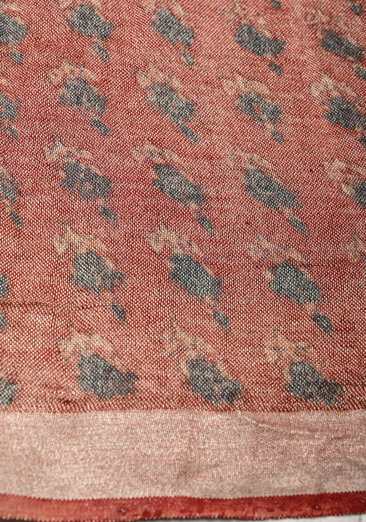 Deep Red Linen by Cotton Saree with Ajrakh Handblock Print and Minimal Silver Zari Border