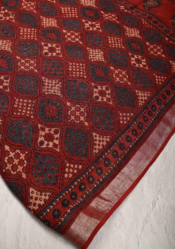 Deep Red Linen by Cotton Saree with Ajrakh Handblock Print and Minimal Silver Zari Border