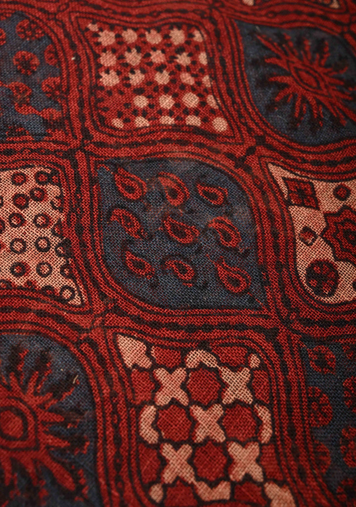 Deep Red Linen by Cotton Saree with Ajrakh Handblock Print and Minimal Silver Zari Border